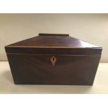 A VICTORIAN ROSEWOOD SARCOPHAGUS SHAPED TEA CADDY, 28CM WIDE