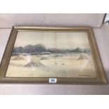 GEORGE OYSTON (1861-1937) ENGLISH WATERCOLOUR OF CORN STOOKS, SIGNED AND DATED 1906, FRAMED AND