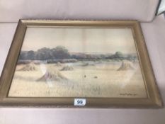 GEORGE OYSTON (1861-1937) ENGLISH WATERCOLOUR OF CORN STOOKS, SIGNED AND DATED 1906, FRAMED AND