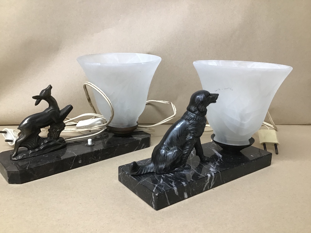 TWO ART DECO STYLE MARBLE TABLE LAMPS ADORNED WITH SPELTER ANIMAL FIGURES