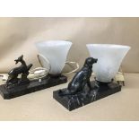 TWO ART DECO STYLE MARBLE TABLE LAMPS ADORNED WITH SPELTER ANIMAL FIGURES
