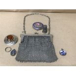 A GROUP OF WHITE METAL ITEMS, INCLUDING LADIES MESH PURSE, ENAMEL ST CHRISTOPHER, PEWTER THIMBLE AND