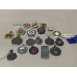 A COLLECTION OF 20TH CENTURY MEDALLIONS, BADGES AND FOBS, MOST WITH ENAMELLED DETAILING INCLUDING