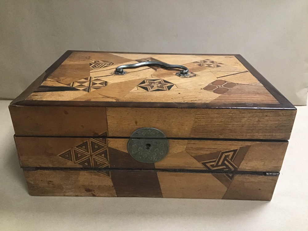 AN ORNATE 19TH CENTURY JAPANESE INLAID MARQUETRY AND PARQUETRY WRITING SLOPE, ENGRAVED WHITE METAL