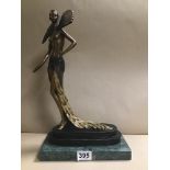 AN ART DECO BRONZE FIGURE OF A SEMI NUDE LADY WEARING A FLOWING FEATHER DRESS, IN THE STYLE OF