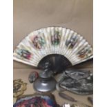 ASSORTED COLLECTABLES, INCLUDING ENAMELLED COMMEMORATIVE TEASPOONS, HAND FAN, TWO LADIES PURSES