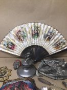 ASSORTED COLLECTABLES, INCLUDING ENAMELLED COMMEMORATIVE TEASPOONS, HAND FAN, TWO LADIES PURSES