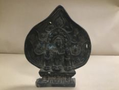 AN UNUSUAL EARLY CHINESE BRONZE PLAQUE DEPICTING THREE RELIGIOUS FIGURES, ETCHED CHARACTER MARKS