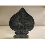 AN UNUSUAL EARLY CHINESE BRONZE PLAQUE DEPICTING THREE RELIGIOUS FIGURES, ETCHED CHARACTER MARKS