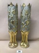 A PAIR OF HIGHLY DECORATED BRASS TRENCH ART SHELL CASES, 34CM HIGH