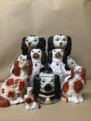 A COLLECTION OF STAFFORDSHIRE SPANIELS INCLUDING TWO PAIRS