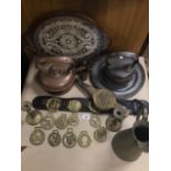 A QUANTITY OF ASSORTED METALWARE, INCLUDING TWO EARLY PEWTER PLATES, BRASS POURING JUGS, HORSE