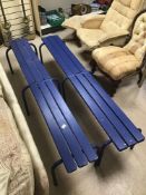 TWO BLUE PAINTED BENCHES METAL AND WOOD