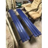 TWO BLUE PAINTED BENCHES METAL AND WOOD