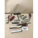 A GROUP OF POCKET FOLDING KNIVES, INCLUDING SWISS ARMY KNIFE, HUNTING KNIVES AND MORE