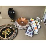 MIXED ITEMS, INCLUDING LIMOGES PORCELAIN '22K GOLD' DECORATED VASE, CARNIVAL GLASS BOWL AND MORE