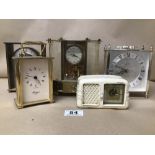 A GROUP OF FIVE CLOCKS, INCLUDING A METAMEC QUARTZ, RAPPORT CARRIAGE CLOCK, BAKELITE CASED ALARM