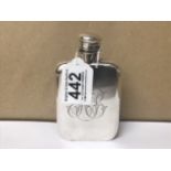 A MID CENTURY SILVER HIP FLASK OF RECTANGULAR FORM, MARKED STERLING SILVER, 12.5CM LONG, 124G (AF)