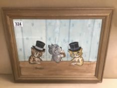LOUIS WAIN, A WATERCOLOUR DEPICTING THREE CATS DRINKING AT A BAR, TWO OF WHICH WEARING TOP HATS