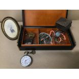 A COLLECTION OF ASSORTED COSTUME JEWELLERY IN A LEATHERETTE BOUND THREE COMPARTMENTED JEWELLERY BOX,