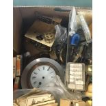 AN ASSORTMENT OF CLOCK MAKERS SPARES AND REPAIRS, INCLUDING MOVEMENTS, DIALS AND MUCH MORE