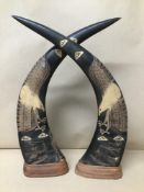 A PAIR OF HIGHLY CARVED ANIMAL HORNS RAISED UPON WOODEN BASES, 42CM HIGH