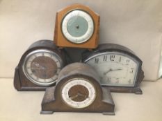 FOUR WOODEN MANTLE CLOCKS, INCLUDING ONE BY SMITHS, LARGEST 30CM WIDE