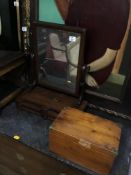 A VICTORIAN MAHOGANY TOILET MIRROR WITH TWO DRAWERS AND A BRASS BOUND BOX