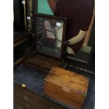 A VICTORIAN MAHOGANY TOILET MIRROR WITH TWO DRAWERS AND A BRASS BOUND BOX