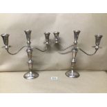 A PAIR OF AMERICAN STERLING SILVER THREE LIGHT CANDLEABRA WITH FLOWING ARMS, MARKED STERLING