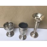 TWO SILVER SPECIMEN VASES AND A CONTINENTAL SILVER EGG CUP, 99G