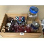 ASSORTED COLLECTABLES, COMPRISING A PAIR OF CRANBERRY GLASS DECANTERS/POURING VESSELS, HEART