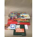 A GROUP OF VINTAGE BOARD GAMES, INCLUDING MONOPOLY, CLUEDO, TRAVEL SCRABBLE AND MORE