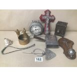 MIXED COLLECTIBLES, INCLUDING AN EARLY CAST IRON MONEY BANK SHAPED AS A SAFE, JAZ ALARM CLOCK,