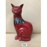 A POOLE POTTERY RED FLAMBE DELPHIS FIGURE OF A CAT, 29CM HIGH (EAR CHIPPED)