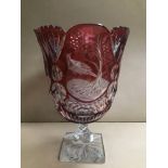 A LARGE BOHEMIAN GLASS VASE, RED AND CLEAR GLASS, RAISED UPON STEMMED BASE, 28CM HIGH