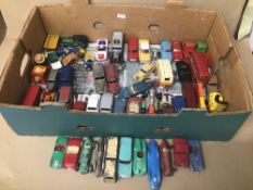 A COLLECTION OF ASSORTED DIE CAST VEHICLES, MOST BEING MID CENTURY BY CORGI AND DINKY, INCLUDING