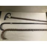 A GROUP OF THREE WALKING CANES, ONE FOR HIKING WITH A HORN AND HOOF HANDLE, ANOTHER WITH SILVER