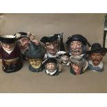 A GROUP OF SEVEN ROYAL DOULTON CHARACTER JUGS, INCLUDING GUNSMITH D6573, OLD SALT D6551 AND SANCHO