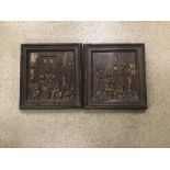 A PAIR OF LATE 19TH/EARLY 20TH CENTURY CARVED OAK PANELS DEPICTING TRADITIONAL TAVERN SCENES, 42CM