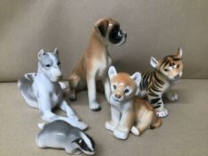 THREE LOMONOSOV USSR PORCELAIN ANIMALS, INCLUDING TIGER CUB AND BADGER, TOGETHER WITH TWO SIMILAR