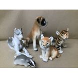 THREE LOMONOSOV USSR PORCELAIN ANIMALS, INCLUDING TIGER CUB AND BADGER, TOGETHER WITH TWO SIMILAR