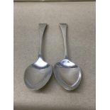 TWO GEORGE III SILVER DESSERT SPOONS, THE EARLIEST OF WHICH HALLMARKED LONDON 1797, 17CM LONG, 66G