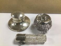 A SMALL SILVER CAPSTAN INKWELL (AF) TOGETHER WITH TWO SILVER TOPPED TOILET BOTTLES