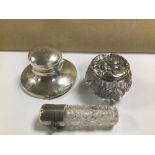 A SMALL SILVER CAPSTAN INKWELL (AF) TOGETHER WITH TWO SILVER TOPPED TOILET BOTTLES