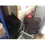 FIVE WOODEN AND METAL FOLDING CHAIRS