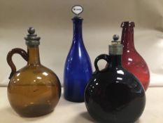FOUR COLOURED GLASS DECANTERS, 4 OF OVOID FORM