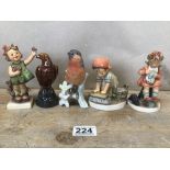 FOUR GOEBEL HUMMEL FIGURES, LARGEST 13CM HIGH, TOGETHER WITH A SMALL BESWICK BENEAGLES SCOTCH WHISKY
