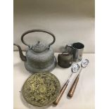 ASSORTED COLLECTABLES, INCLUDING MIDDLE EASTERN BRASS TEAPOT, COW BELL MARKED COURCHEVAL 1850 AND