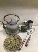 ASSORTED COLLECTABLES, INCLUDING MIDDLE EASTERN BRASS TEAPOT, COW BELL MARKED COURCHEVAL 1850 AND